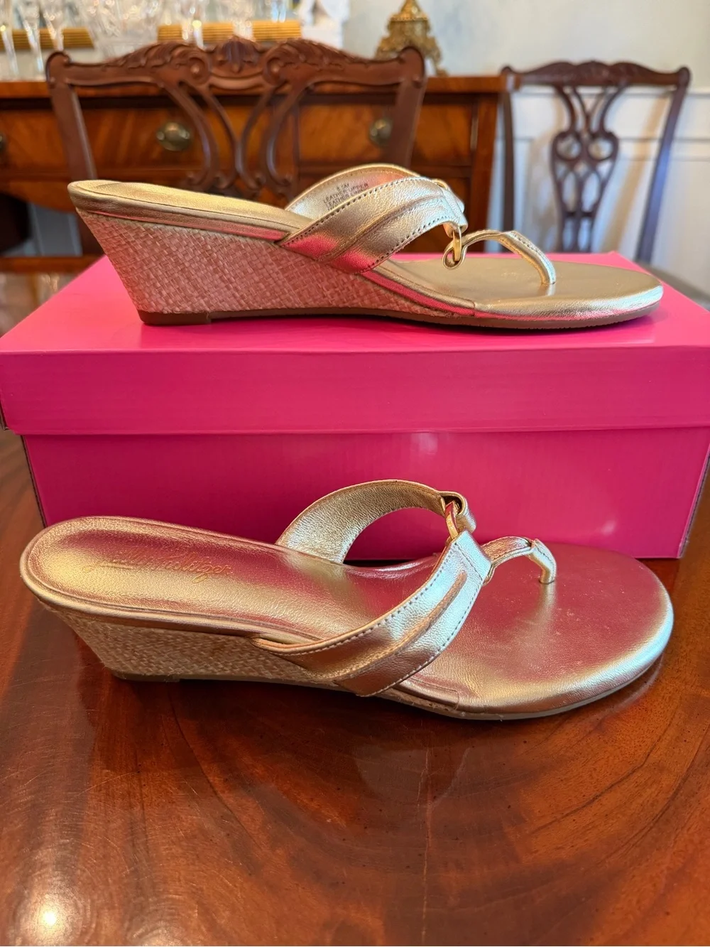 Lilly Pulitzer McKim Gold Nappa Leather Wedge Sandals Size 8.5